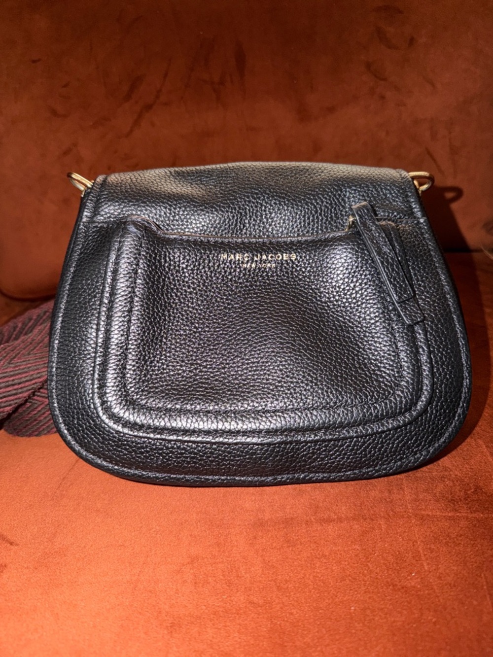 Marc Jacobs Black Pebbled Leather Saddle Crossbody with Gold Hardware
